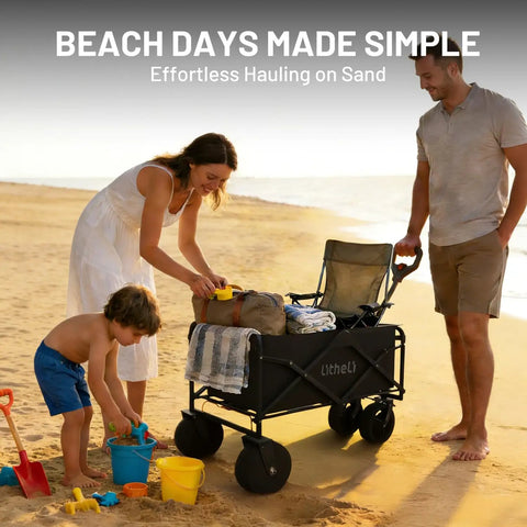 Family using Electric Collapsible Wagon Cart With 100L Capacity For Beach Trips Grocery Runs Camping And Shopping On Wheels
