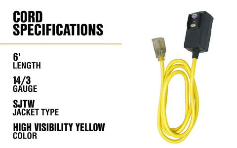 Woods GFCI Outdoor Extension Cord 14/3 SJTW 6 Foot Right Angle Plug Lighted Receptacle Heavy Duty Yellow for Power Tools Drills Saws On the Jobsite GFCI Protected Safety with specifications list.