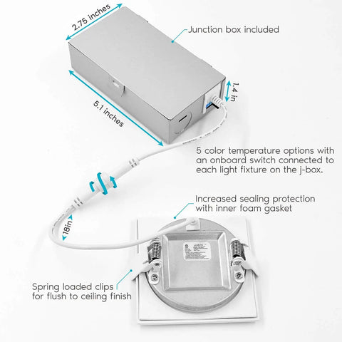 Lit 3 Inch Square Ultra Thin LED Recessed Light With Junction Box Kit shown with spring clips and sealing gasket.