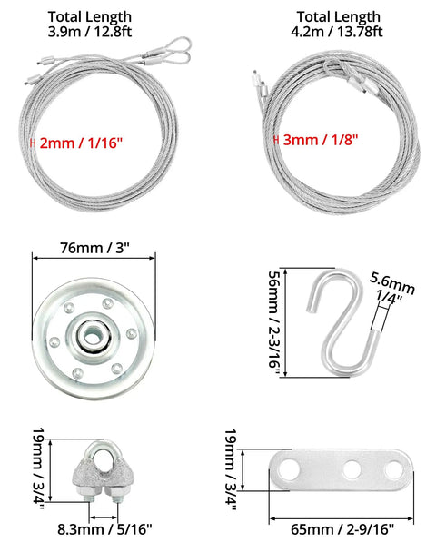 Heavy Duty Garage Door Cable And Pulley Replacement Kit With Two 3 Inch Stationary Pulleys And Two Galvanized Aircraft Cables 3/32 Inch And 1/8 Inch Diameter Plus 10 Fasteners Rust Resistant Steel For Overhead Sectional Doors layout