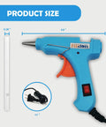 Super Reliable Heavy Duty Mini Hot Glue Gun Kit With Rugged Travel Case And Ten Clear Adhesive Sticks Built For Lightning Repairs Weekend Tinkering And Classroom Tasks In Bright Blue, showing product size and power cable.