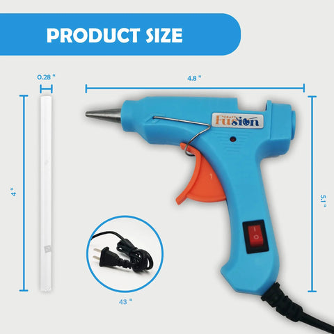 Super Reliable Heavy Duty Mini Hot Glue Gun Kit With Rugged Travel Case And Ten Clear Adhesive Sticks Built For Lightning Repairs Weekend Tinkering And Classroom Tasks In Bright Blue, showing product size and power cable.