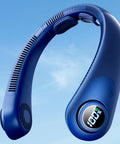 Neck Fan With LED Display And Hands Free Design, Five Speed Bladeless Personal Cooler, showing digital display against sky background.