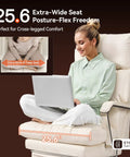 Woman sitting cross-legged on 160 Degree Reclining Office Chair With Footrest Ultra Plush Cloud Cushion in cream leather