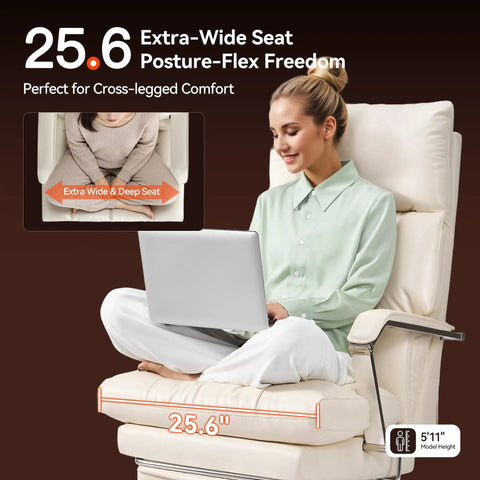Woman sitting cross-legged on 160 Degree Reclining Office Chair With Footrest Ultra Plush Cloud Cushion in cream leather