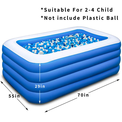 Epic 70x55x29 Inch Inflatable Family Pool For Adults With Heavy Duty Puncture Resistant Construction Outdoor Backyard Water Party Easy Setup Large Size For Garden And Summer Splash, showing blue rectangular pool with balls inside