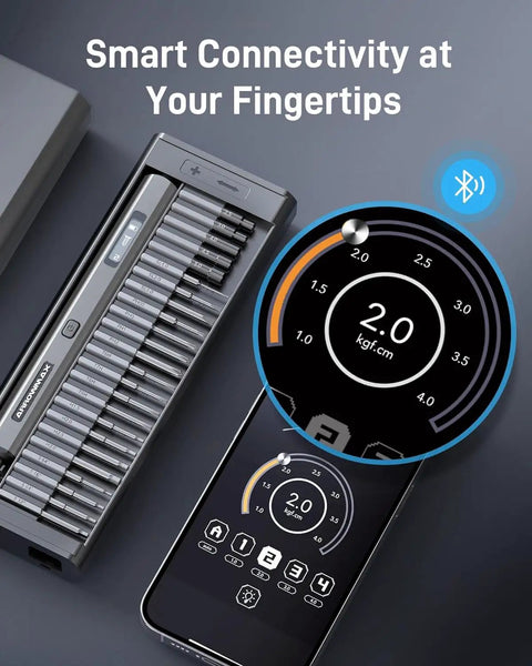 Rechargeable Electric Screwdriver With 32Bit Microprocessor And HD OLED Display For Pinpoint Precision, aluminum box with 70 bits next to smartphone showing torque settings.
