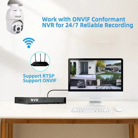 Computer setup showing Outdoor Light Bulb Security Camera 2K 4MP Plug And Play working with ONVIF NVR for reliable recording.