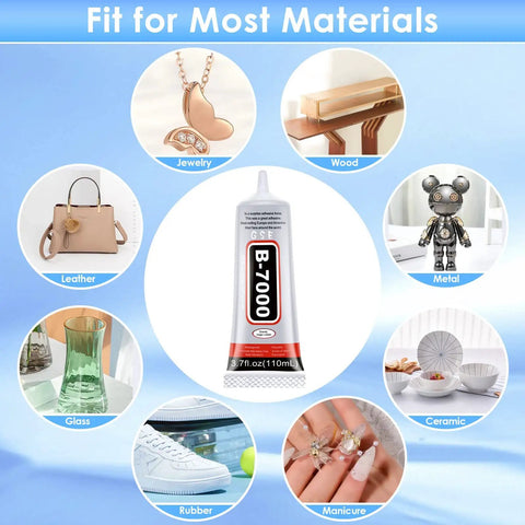 Rhinestones Glue For Crafts 110Ml Clear Adhesive For Diamond Jewelry And Crystal Gems Waterproof Transparent Jewelry Glue For Fabric Phone Repair And Jewelry Making Industrial Strength Craft Bond 3.7 Fl Oz shown with compatible materials like jewelry, wood, metal, leather, glass, ceramic, rubber, and manicure items.