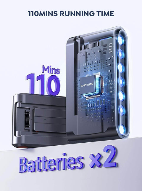 Image of power cell indicating 110 minutes run time with dual batteries for Dual Battery Cordless Vacuum Cleaner With 110 Minutes Run Time 45KPa Suction 550W Brushless Motor Auto Suction Adjustment Lightweight Stick Vacuum For Pet Hair Carpet And Hard Floors Handheld Mode.