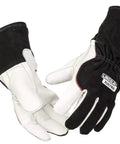 DynaMIG HD Professional MIG Welding Gloves Extra Large White With Heat Shield 3 Layer Flame Soft Top Liner displayed both sides.