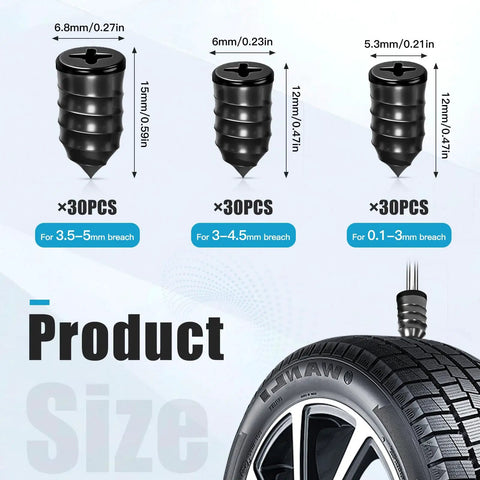 Three sizes of screws for 90 Piece Tire Repair Kit With Three Sizes Screws And Rubber Nails Screwdriver Included Fast Self Service Flat Tire Plug Kit For Cars Motorcycles And Trucks Puncture Repair Tool displayed next to a tire.