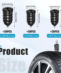 90 Piece Tire Repair Kit With 3 Size Screws Rubber Nails Valve Stems Pliers And Gloves Beefed Up For Cars Motorcycles Trucks And ATVs Puncture Repair And Emergency Roadside Prep, shown with screw sizes and tire illustration