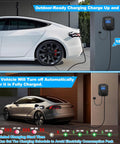 Level Two Electric Vehicle Charger Station Featuring 240V And 40A Wiring For Fast 9.5KW Power Delivery showed outside and inside charging setup.