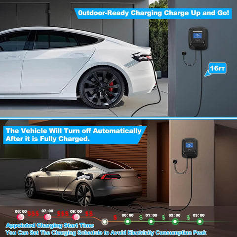Level Two Electric Vehicle Charger Station Featuring 240V And 40A Wiring For Fast 9.5KW Power Delivery showed outside and inside charging setup.