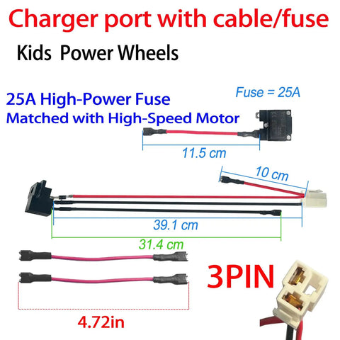 Round Charger Port Kit For Power Wheels Ride On Cars 6V 12V 24V Replacement Parts With 25A Fuse and Battery Connector Wires