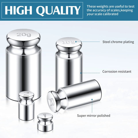Pro Grade Calibration Weight Set 1g 2g 5g 10g 20g with Tweezers for Digital Scales and Balances, steel weights with labels.