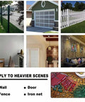 Collage of various settings showing a product used on walls, fences, doors, and iron nets with vintage ramen design.