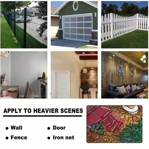 Collage of various settings showing a product used on walls, fences, doors, and iron nets with vintage ramen design.