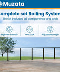 Top Shelf Black Cable Railing Kit For Decks Covers 26 To 32 Ft Span With 36 Inch Surface Mount Posts. Complete set displayed on deck.