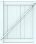 Game Changer White Vinyl Fence Gate Brace Anti Sag Hardware Kit mounted on a gate, showing adjustable brace from corner to corner.