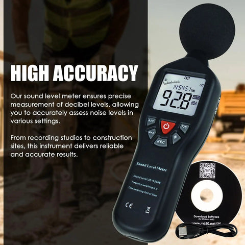 Pro Grade Sound Level Meter With Data Logger And Software, Auto Range, Backlit LCD, 30 to 130 dB Range shown with software CD