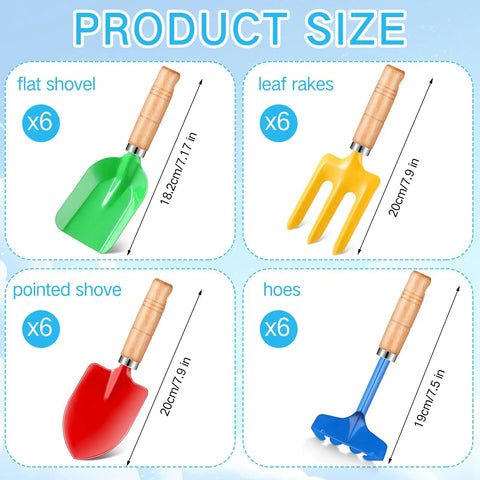 24 Piece Kids Gardening Tools Set With Wooden Handles Including Shovel Rake Fork And Trowel Metal Beach Sandbox Toys sizes