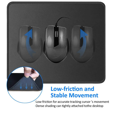 Non Slip Rubber Base Mouse Pad With Premium Texture And Stitched Edges Washable Computer Laptop Gaming Office And Home Use 10.2 By 8.3 Inches Black Gamer Ready For Gaming And Everyday Productivity At Home Or Office showing stability with a mouse and close-up of stitched edges.