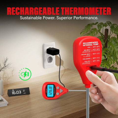 Charging 40 Inch Leave-In Digital Meat Thermometer With External Probe, IP67 Waterproof, in a kitchen setting.
