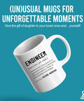 Engineer Definition Funny Gift Mug For Engineering Students Teachers And Pros Nerdy Computer Civil Mechanical Electrical Software Engineers 11 Oz White Ceramic Coffee Mug showing design on both sides.