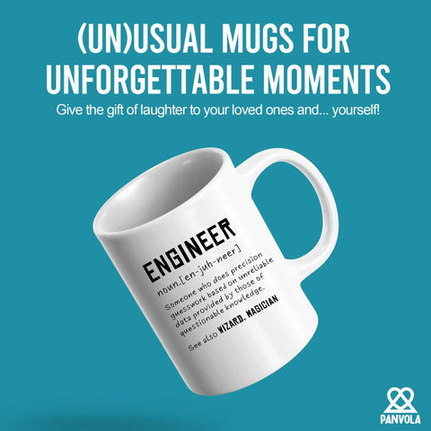 Engineer Definition Funny Gift Mug For Engineering Students Teachers And Pros Nerdy Computer Civil Mechanical Electrical Software Engineers 11 Oz White Ceramic Coffee Mug showing design on both sides.