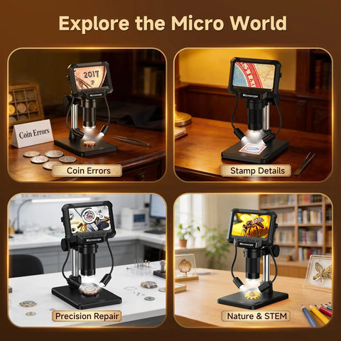 4.3 Inch LCD Digital Coin Microscope With Dual Side Lighting For Coin Collectors To Inspect Doubled Die RPM Scratches And Fine Mint Details Not Ideal For Capturing Full Views Of Large Coins. shown with coin errors, stamp details, repair, and nature use