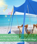 Big Beach Canopy Sun Shelter 11 by 11 Feet UPF Fifty Plus with two people relaxing at the beach under UV protection shade