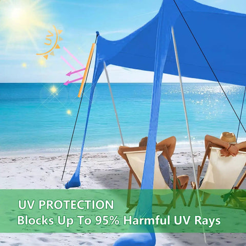 Big Beach Canopy Sun Shelter 11 by 11 Feet UPF Fifty Plus with two people relaxing at the beach under UV protection shade