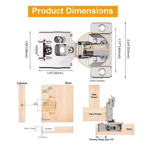 Product dimensions diagram for 2 Pack 1/2 Inch Overlay Soft Close Cabinet Hinges With Clip On Plate, showing hinge and overlay size.