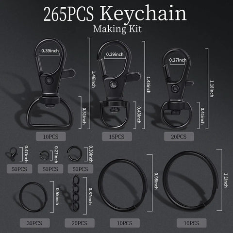 265 Piece Matte Black Swivel Snap Hooks And Heavy Duty Key Rings Set With Lobster Clasps And Jump Rings in various sizes for keychain making.