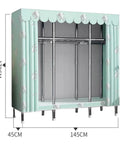 Rock Solid Portable Canvas Wardrobe Roomy Fabric Closet Storage Organizer With Sturdy Hanging Rail Expansive Shelves front view with dimensions.