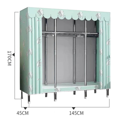 Rock Solid Portable Canvas Wardrobe Roomy Fabric Closet Storage Organizer With Sturdy Hanging Rail Expansive Shelves front view with dimensions.