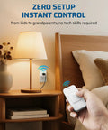 Indoor Wireless Remote Outlet With Big One Touch Button Easy On Off Control For Lamps beside bed showing hands-free operation.