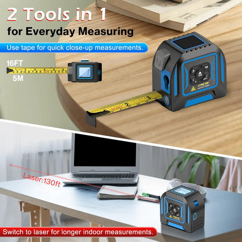 2-In-1 Laser Distance Meter And 16 Ft Tape Measure For Indoor Measuring Handy 130 Ft Range Quick Room To Hallway Checks Self Locking Tape Dual Mode Tool For DIY Projects And Precise Layouts on desk