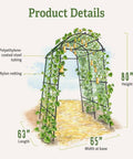 63 Inch Long 80 Inch Tall Garden Arch Arbor For Climbing Vines Heavy Duty Metal Trellis With Nylon Netting Polyethylene Coated Steel Tubing Outdoor Lawn Tower Base Width 65 Inches Supports Up To 70 Lbs