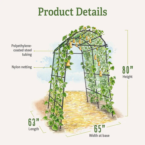 63 Inch Long 80 Inch Tall Garden Arch Arbor For Climbing Vines Heavy Duty Metal Trellis With Nylon Netting Polyethylene Coated Steel Tubing Outdoor Lawn Tower Base Width 65 Inches Supports Up To 70 Lbs