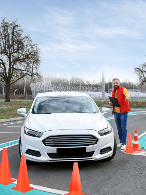 White car parked near 24 Piece 12 Inch Traffic Cone Set, Plastic Construction Safety Cones for Parking Lot, orange visible in use outdoors