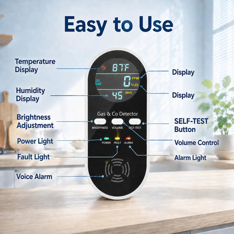5-In-1 Air Monitor Plug-In With LED Display showing temperature, gas, and humidity readings on a kitchen counter.