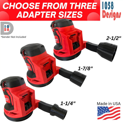 Vacuum Dust Collection Reducer Adapter For 5 Inch Random Orbit Sanders To 1-1/4 Inch Shop Vac Hose showing three adapter sizes.