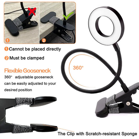 Clip On Desk Lamp With 48 LEDs, 3 Color Temperatures And 10 Dimmable Levels Per Mode, 360 Degree Gooseneck Flexibility