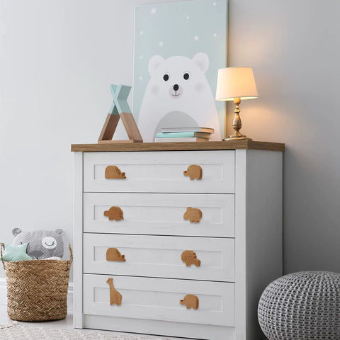 White dresser with wooden animal knobs from 12 Piece Wooden Animal Dresser Knobs Set With Screws for Nursery Cabinets and Drawers
