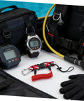 Coiled Diving Lanyard With Quick Release Buckle for Underwater Camera and Flashlight Securement, red scuba webbing strap on gear.