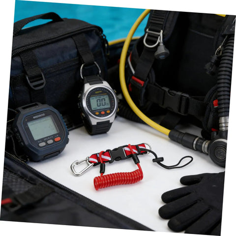 Coiled Diving Lanyard With Quick Release Buckle for Underwater Camera and Flashlight Securement, red scuba webbing strap on gear.