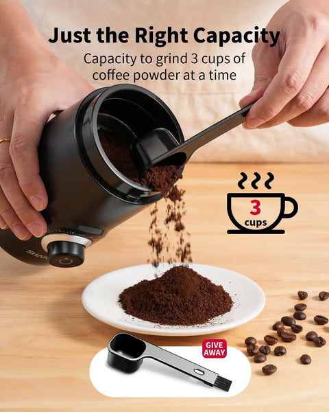 Electric Coffee Grinder With 70g Large Capacity And Visual Timing Knob pouring coffee grounds onto a plate